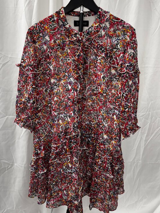 SALONI Dresses & Skirts - SALONI Tilly Silk Ruffled Mini Dress Pink White Floral 100% Silk Sz 8